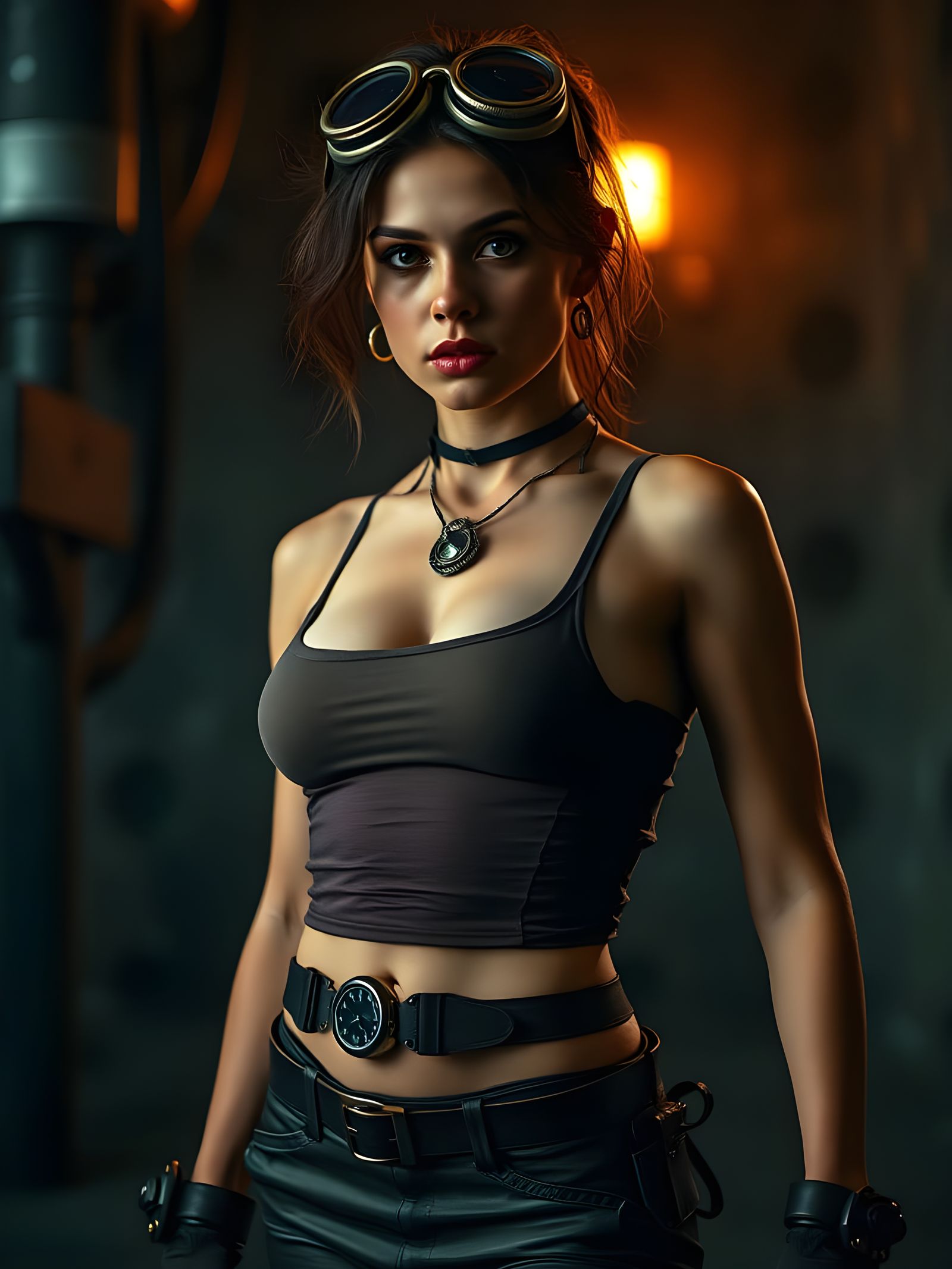 Steampunk Woman in Tank Top: Cinematic Film Still