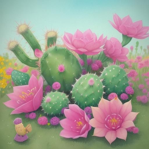 Cutepunk Prickly Pear Cactus in Cartoon Garden