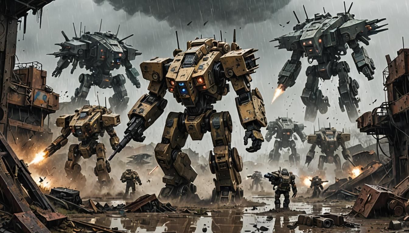 Mechs Clash in Bleak, Flooded Battle Zone