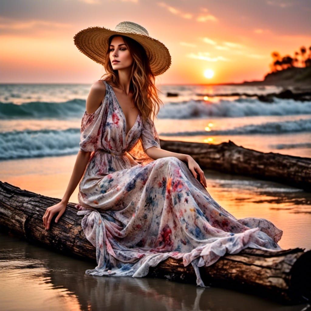 Woman in Floral Dress Watching Sunrise, Antique Watercolor