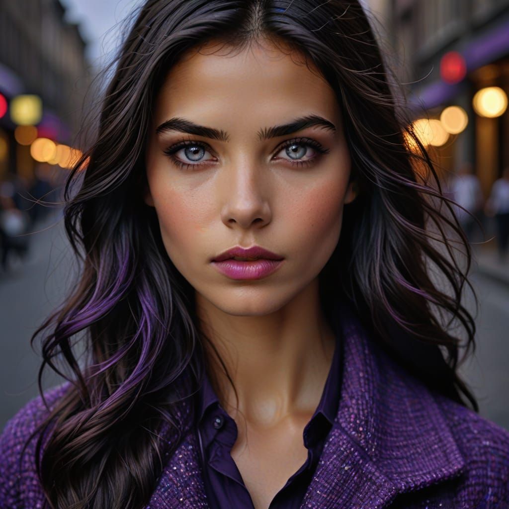 Gorgeous Woman with Purple Highlights in Elegant Close-Up Po...