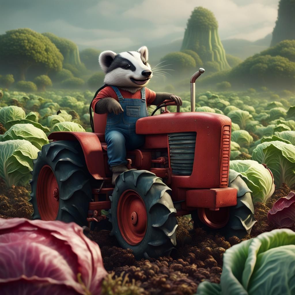 Badger Driving Tractor in Cabbage Field: Detailed Matte Pain...