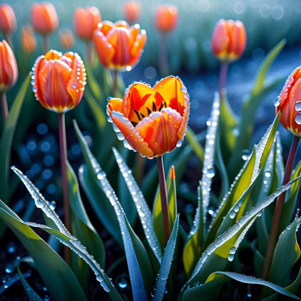 Orange Tulip with Frozen Dew Drops Macro Photo