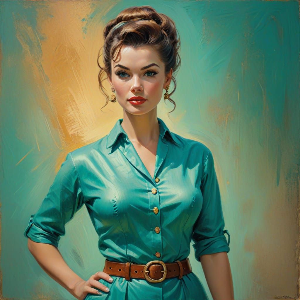 1960s Pin-Up Woman in Impressionist Oil Painting