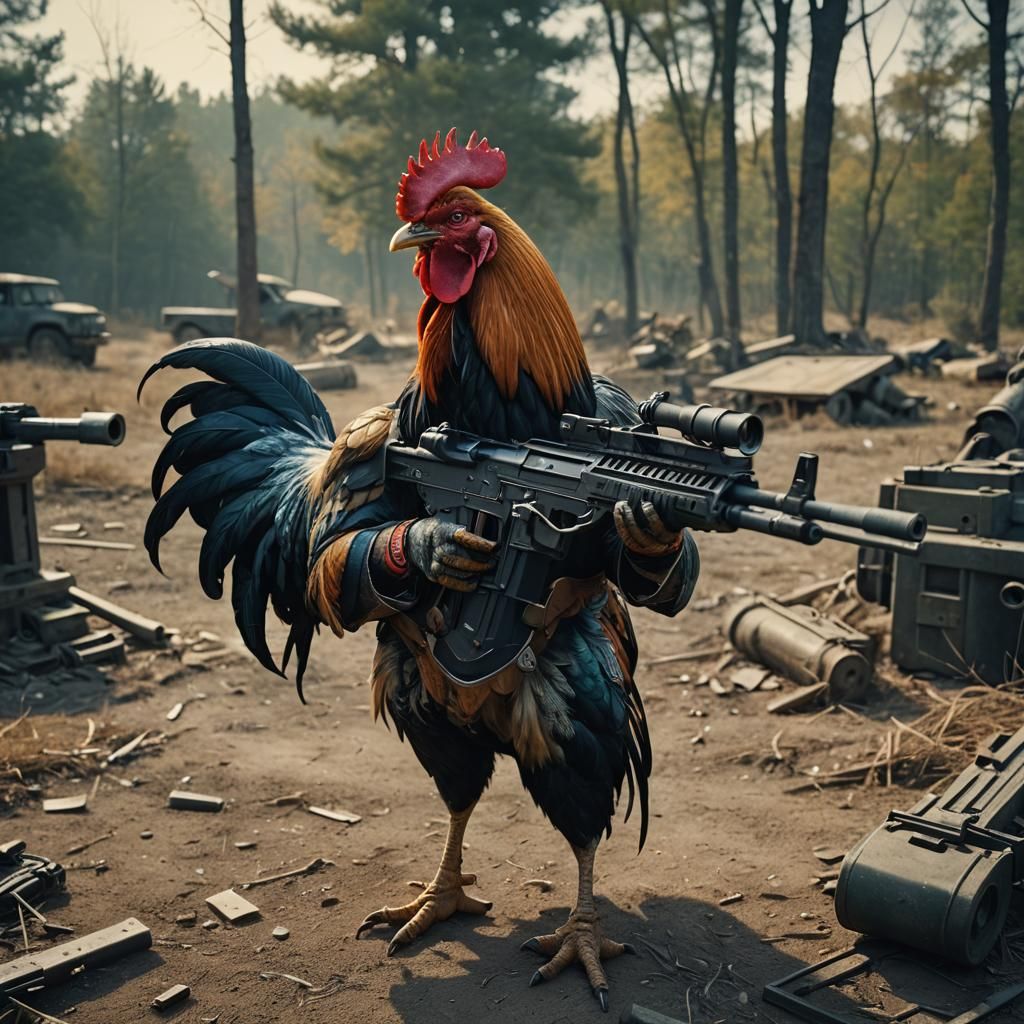 Rooster with Machine Gun: Cinematic Film Still