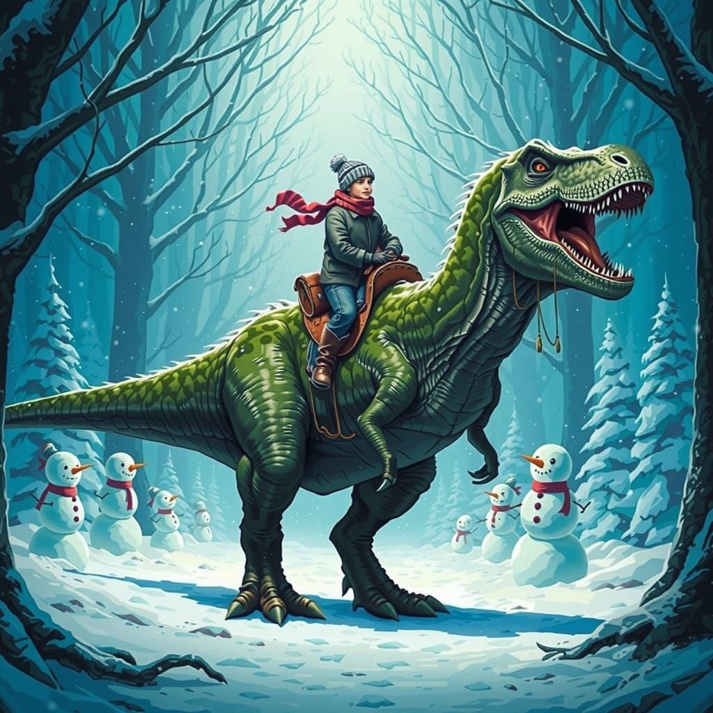 Boy Rides T-Rex Through Snowy Wonderland in Dark Comic Style