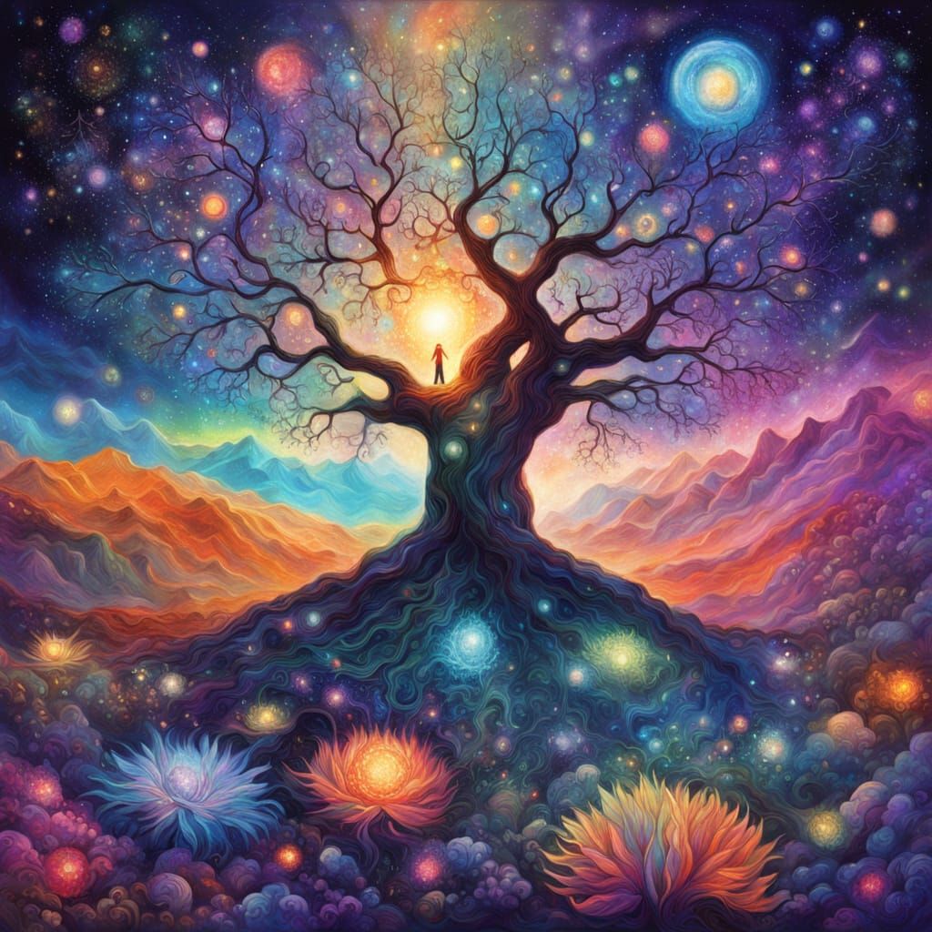 Glowing Astral Tree Illuminates Starry Cosmic Night