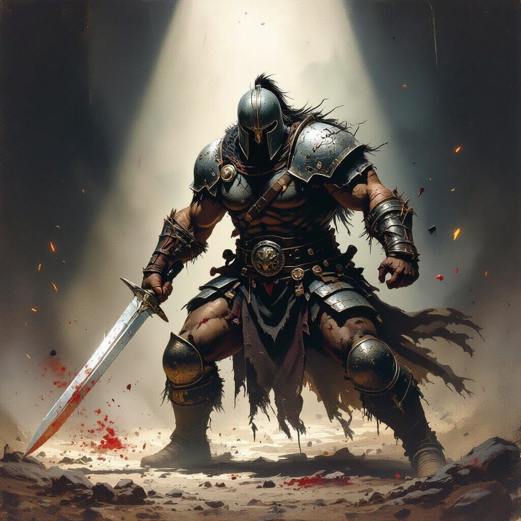 Warrior's Brutal Arena Battle in Gritty Fantasy Art