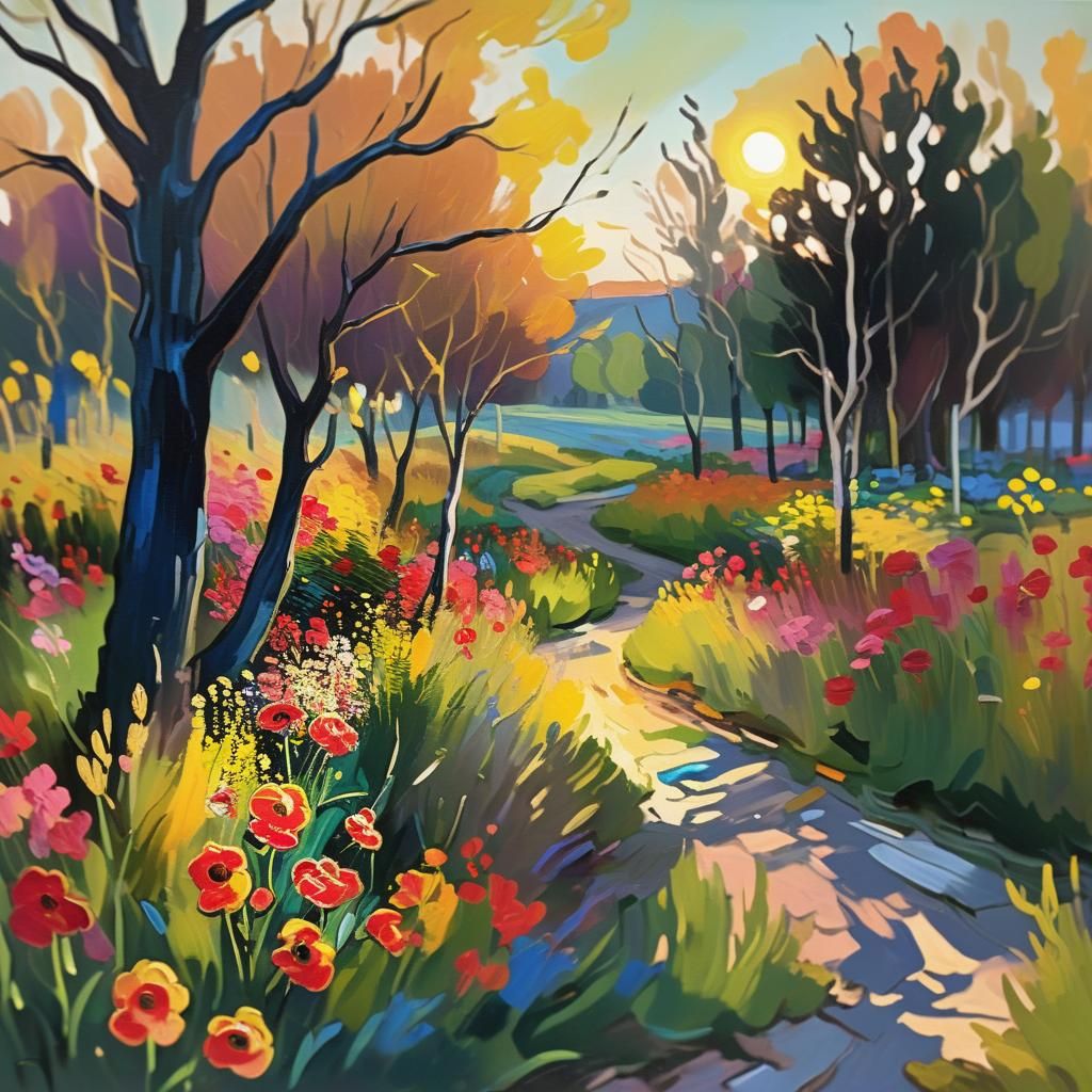 Vibrant Impressionist Landscape with Chaotic Sunset