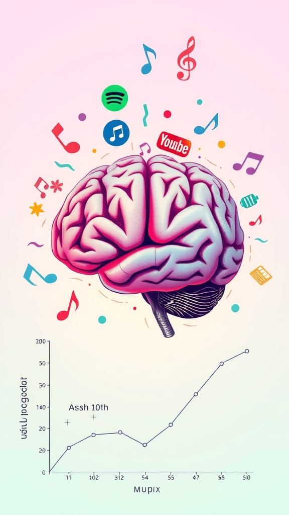 Vibrant Brain Illustration with Whimsical Musical Notes