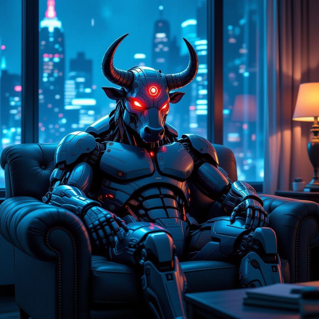 Cyborg Minotaur Seeks Therapy in Cyberpunk City