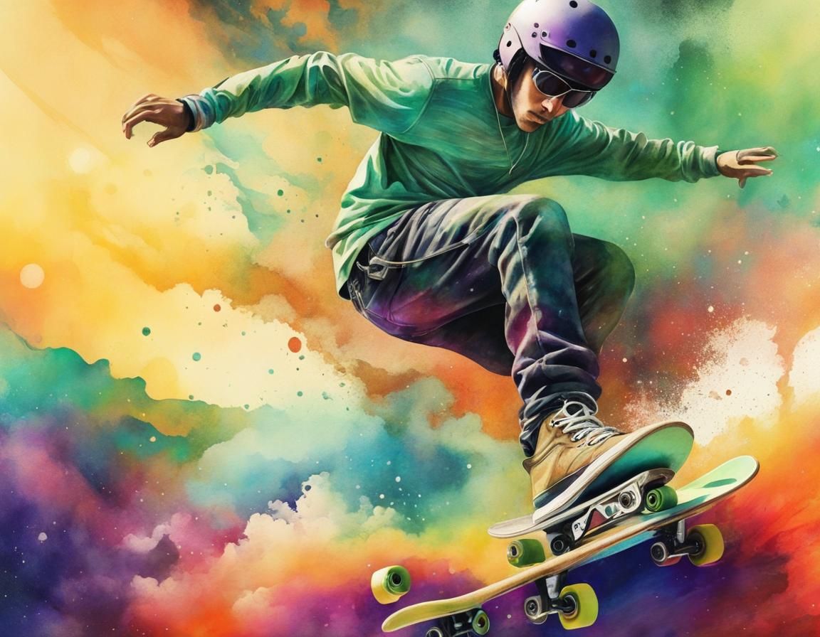 Skateboarder in Space: Watercolor Chiaroscuro Glitch Art