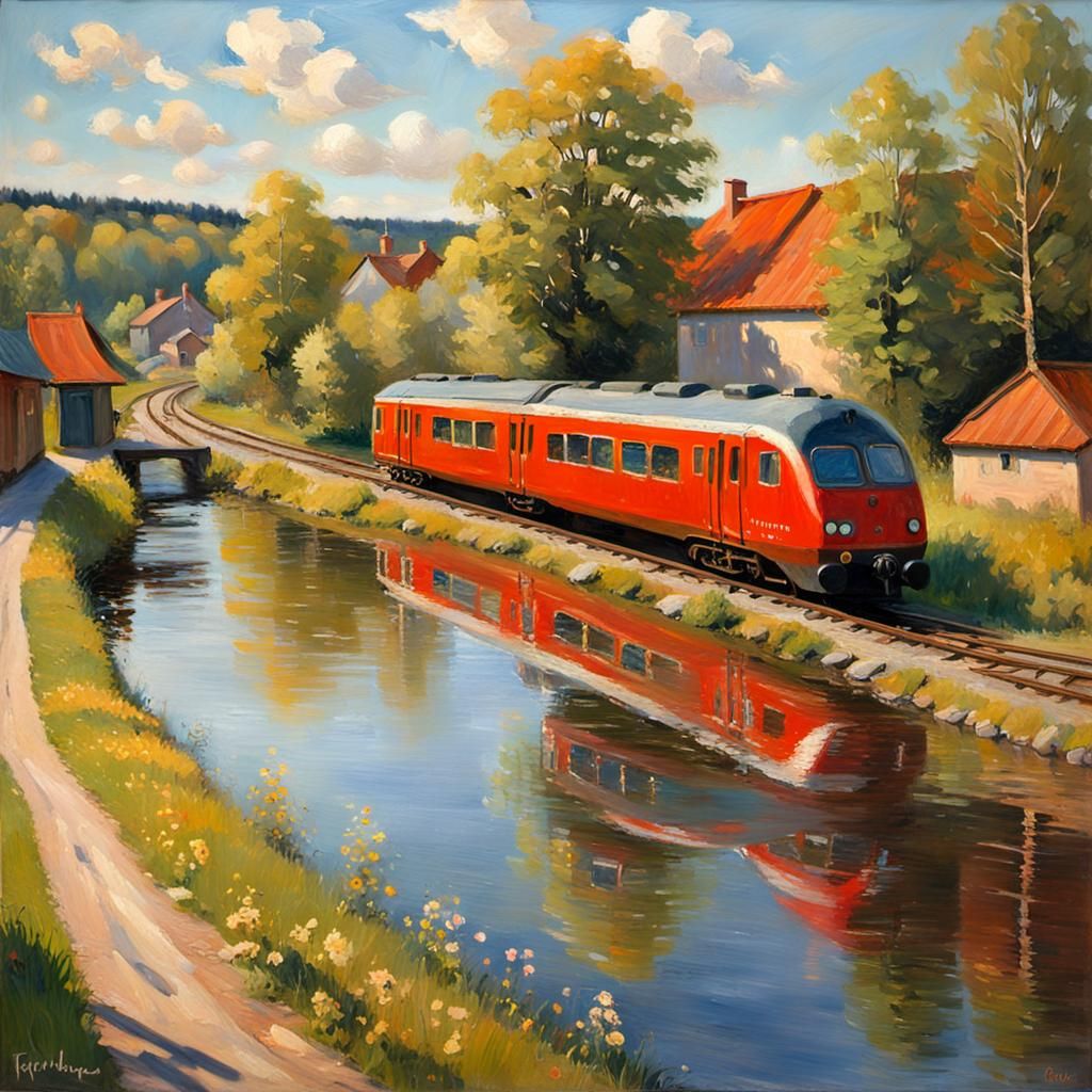 Norwegian Train in Impressionistic Sunlight, Oil Painting