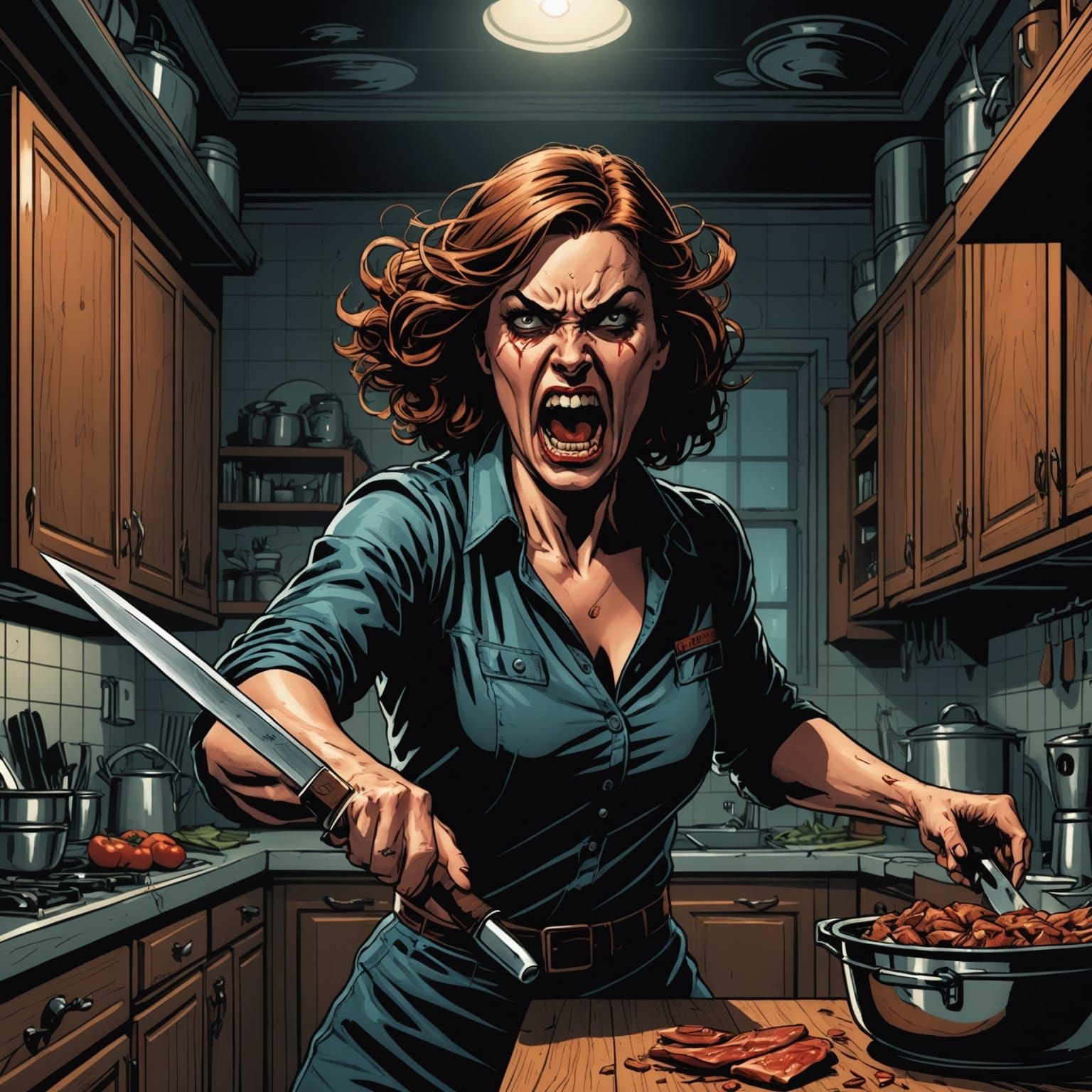 Angry Woman in Kitchen, Comic Book Art