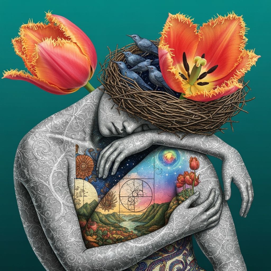 Surreal Woman Carrying Star Nest, Nature's Embrace