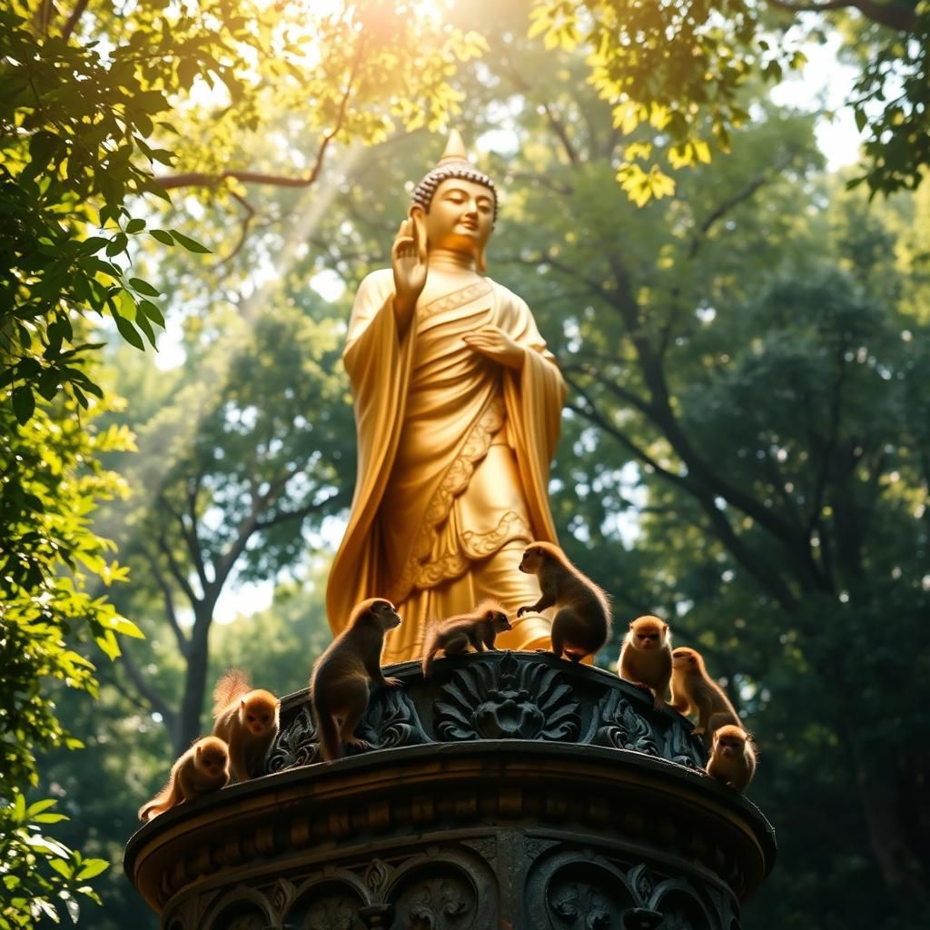 Golden Buddha Statue Amidst Forest Monkeys, Sharp Focus