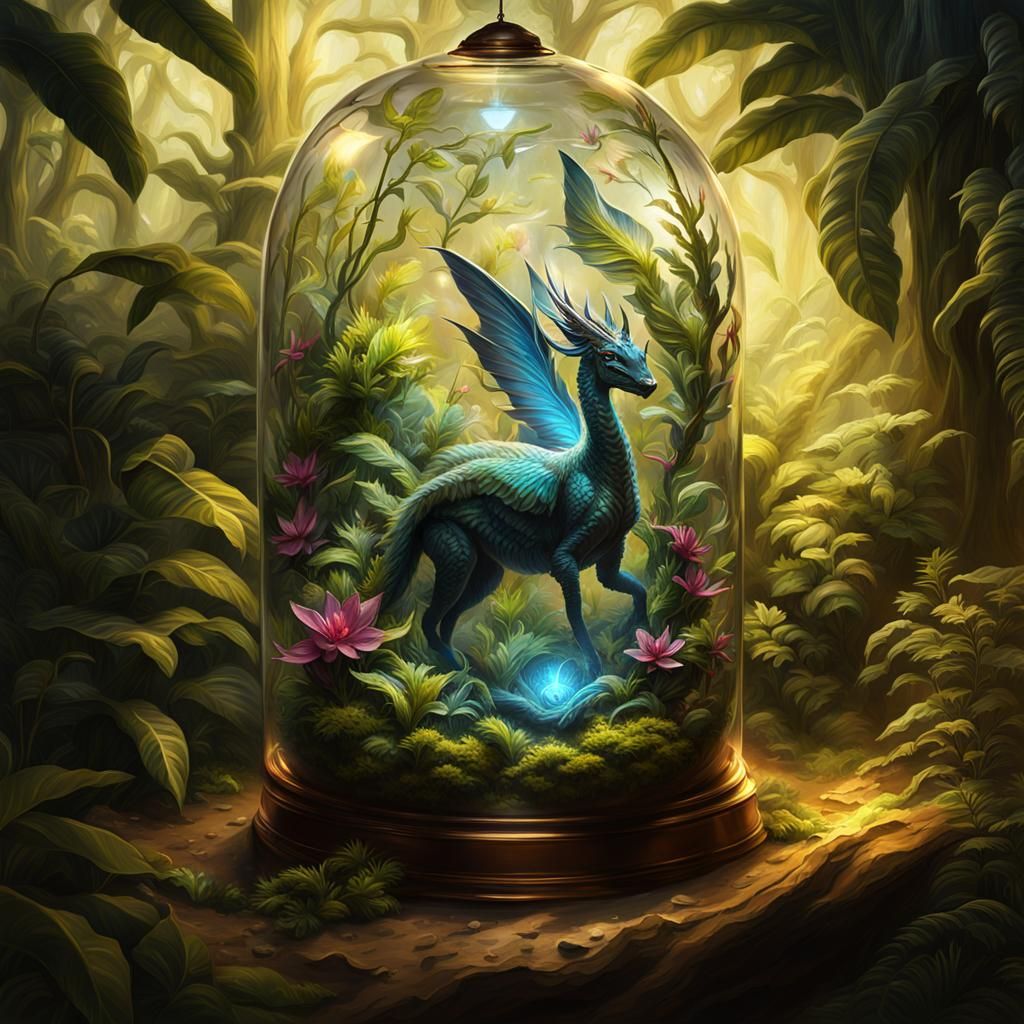 Mythological Creature in Terrarium, Digital Fantasy Art