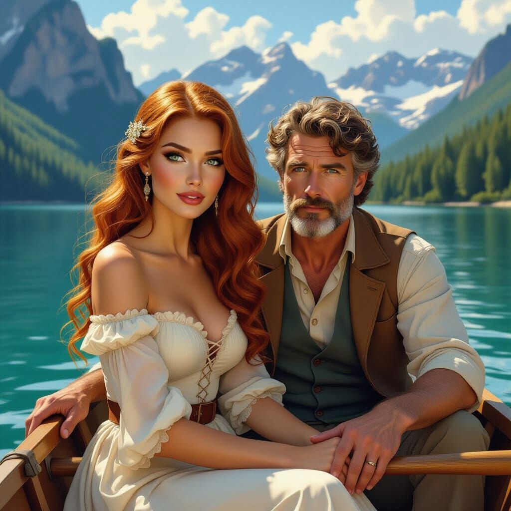 Rowboat Scene on Mountain Lake in Hyperrealistic Style