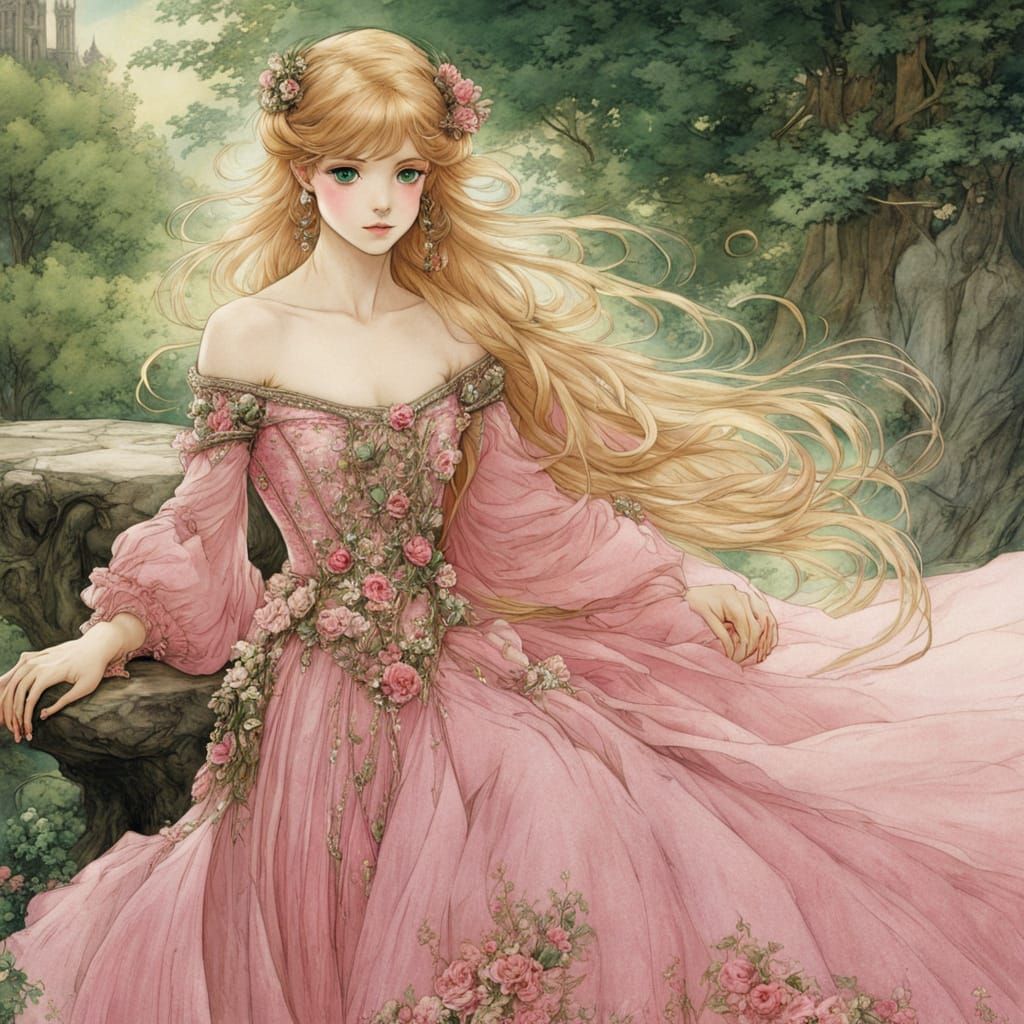 Beautiful Girl in Pink Gown, Detailed Anime Style