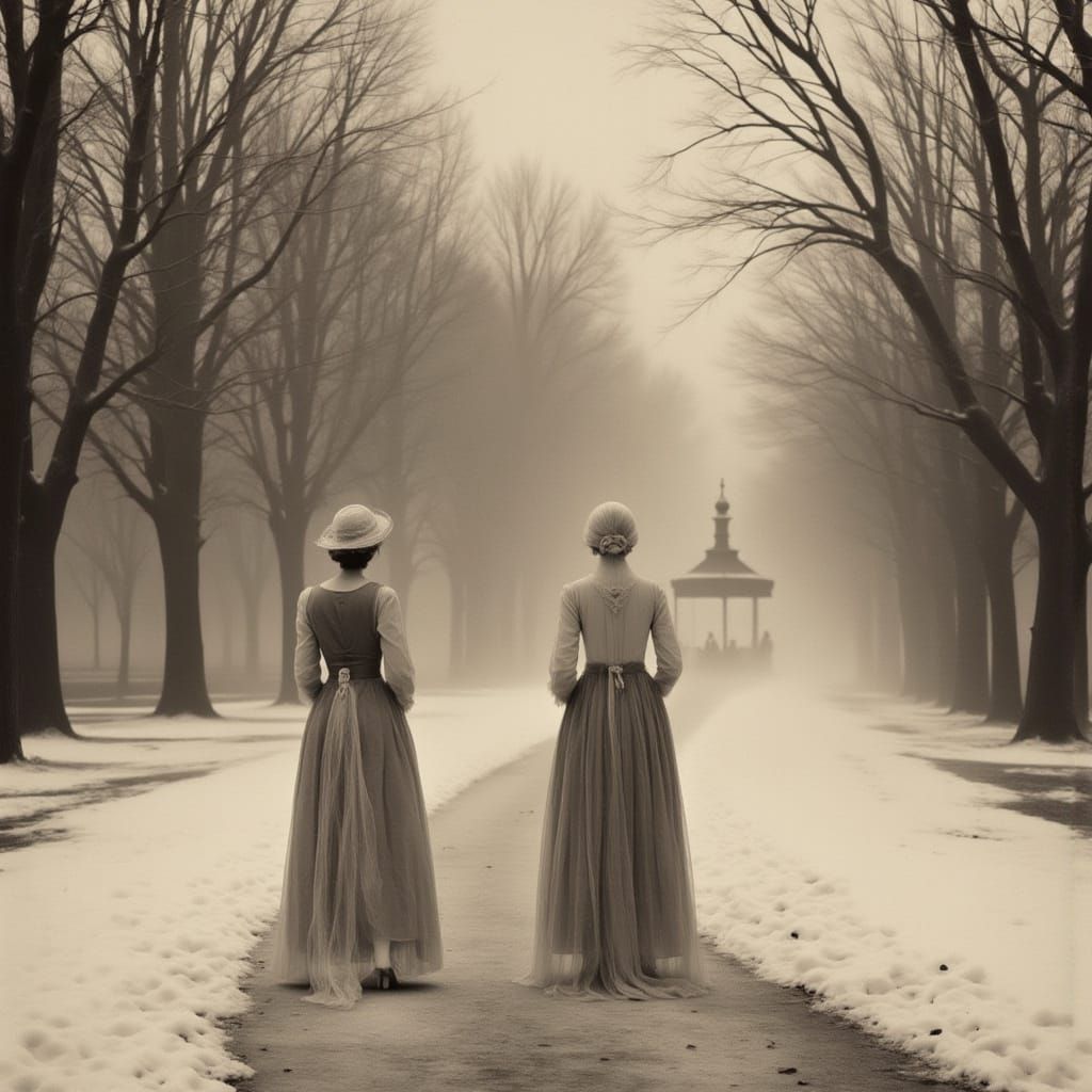 Ghostly Victorian Women in Snowy Park
