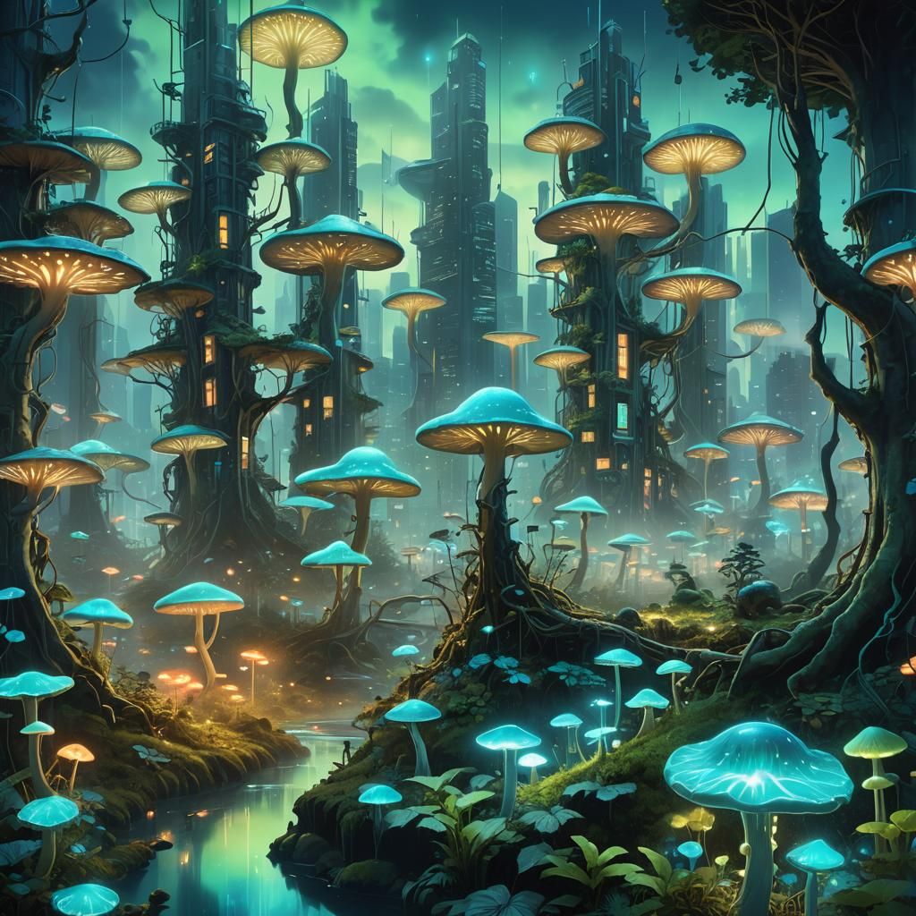Enchanted Forest Merges with Futuristic Cityscape
