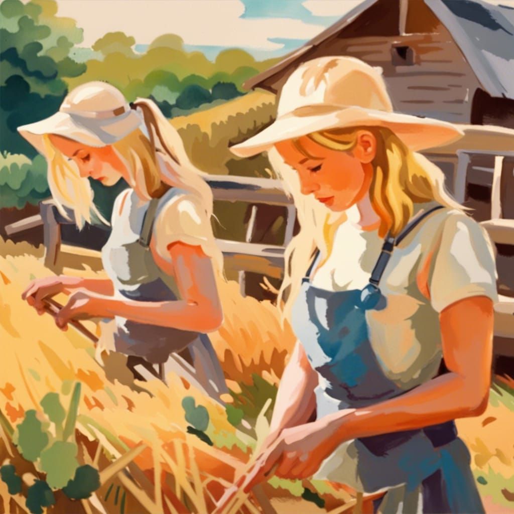 Blonde Girls Working on a Farm as Gouache Painting