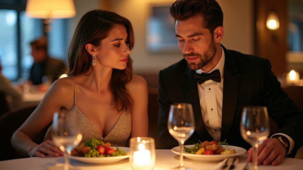 Elegant Couple Enjoying Dinner in Soft Lighting