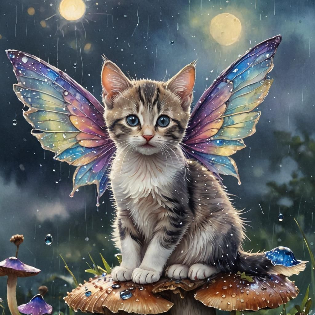 Kitten Fairy with Iridescent Wings in Watercolor