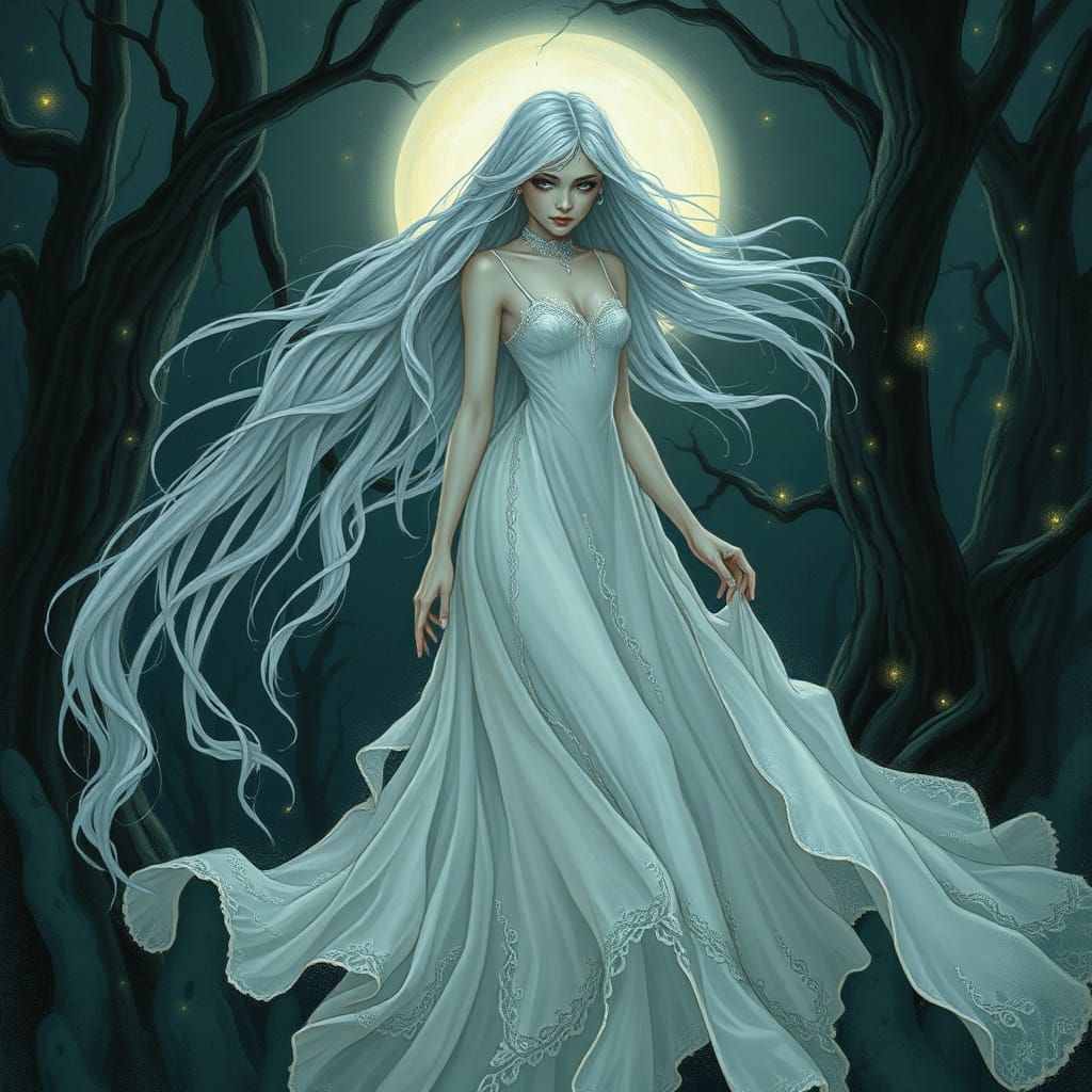 Ethereal Ghost Maiden in Haunting Dreamlike Illustration