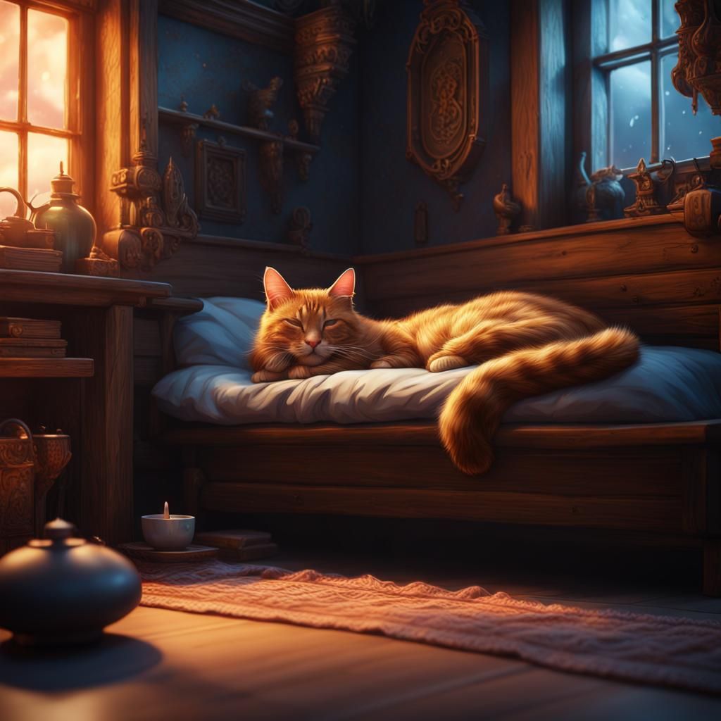 Cozy Sleeping Cat: Detailed Matte Painting