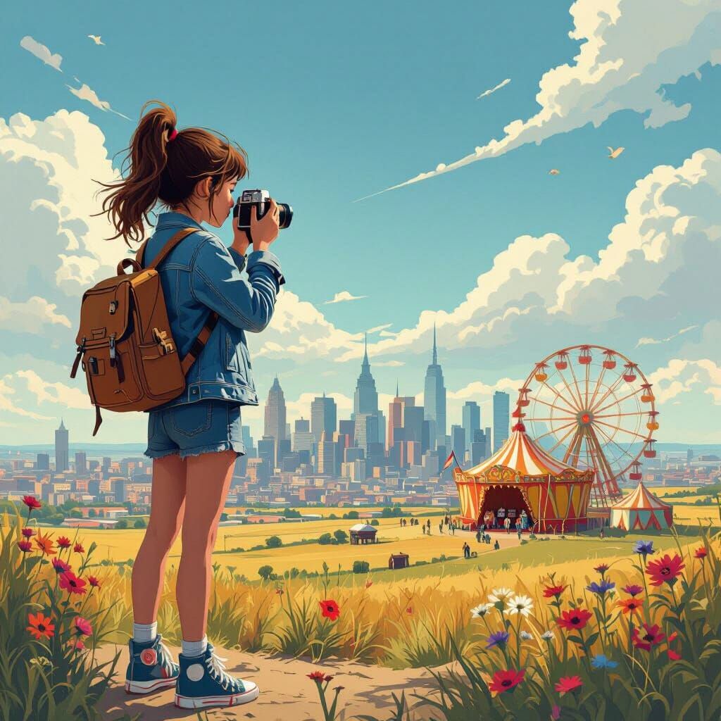 Girl with Camera Overlooking Cityscape, Circus Behind
