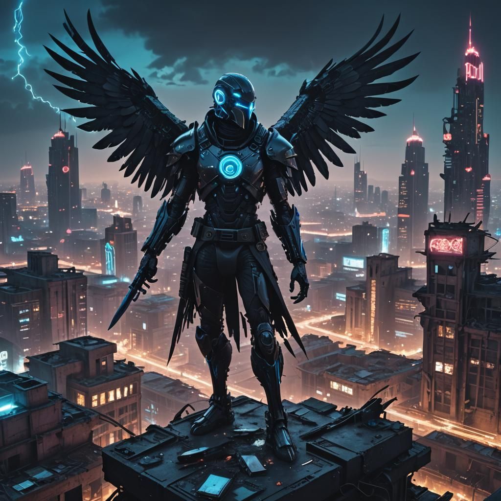 Cyberpunk Crow Warrior on Ruined City Rooftop