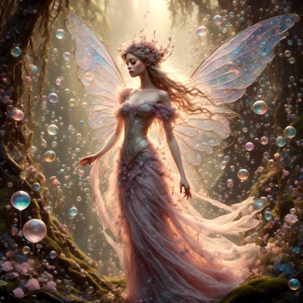 Fae Maiden with Iridescent Wings and Bubble Dress