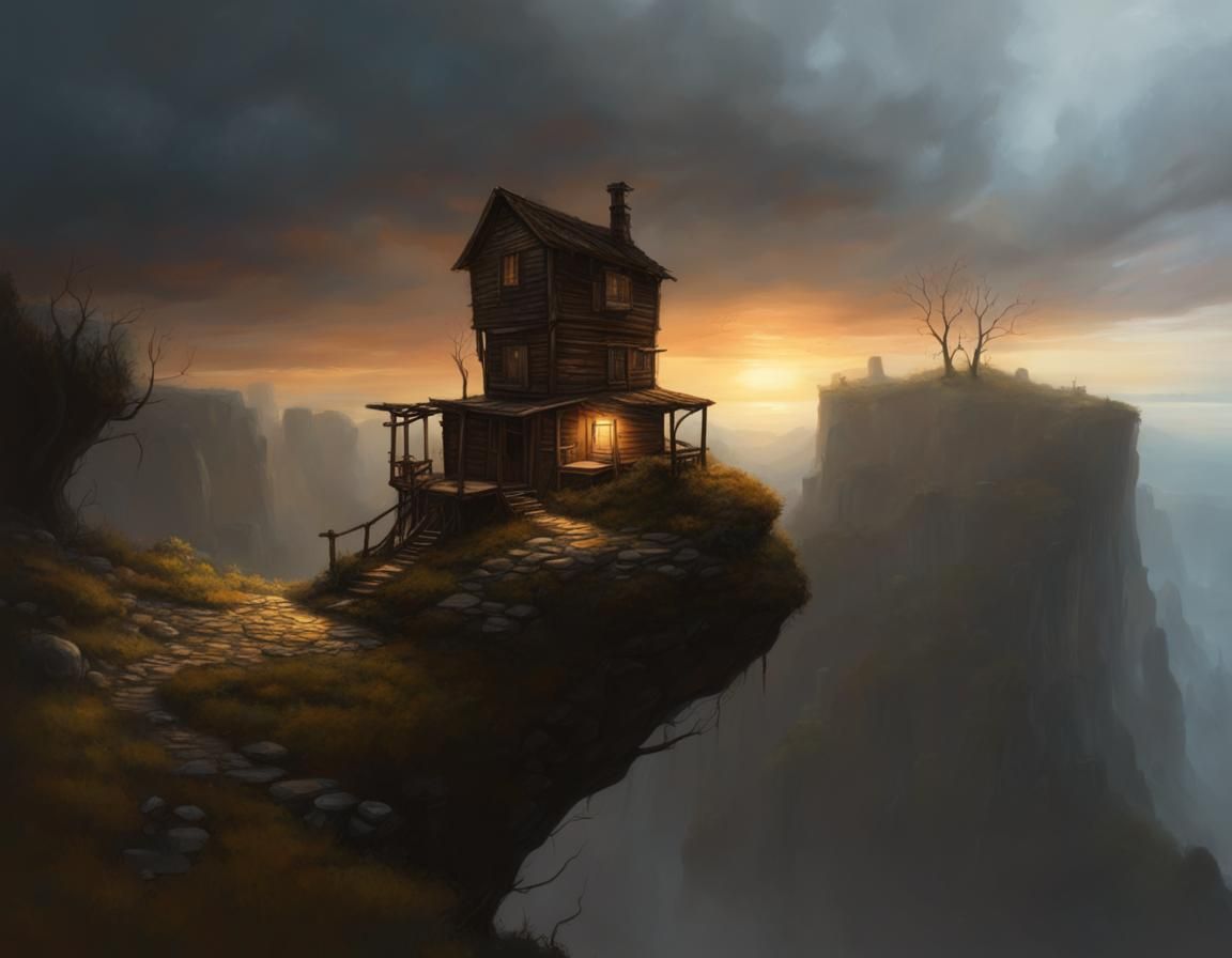 Old Cabin on Cliff Ledge: Oil Painting