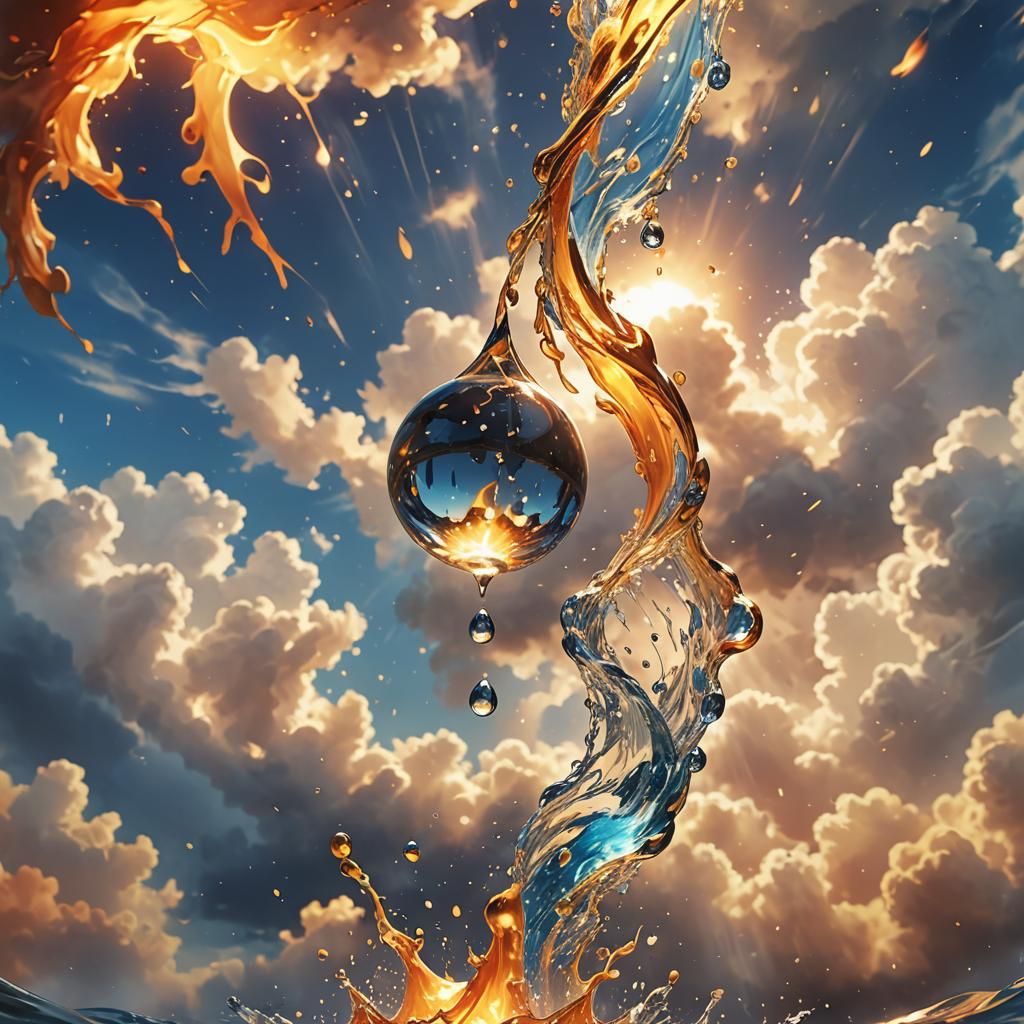 Water Droplet Transforms to Flame: Surreal Anime Art