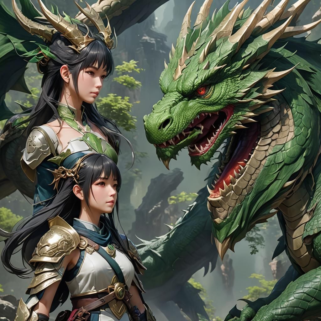 Green Earth Dragon and Girl: 3D Anime Art