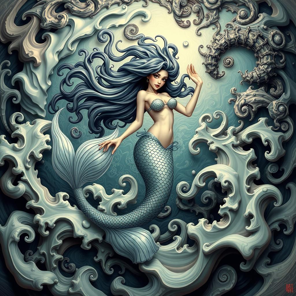 Mermaid in Fractal Dreamscape, Eerie Underwater Art