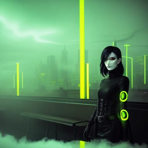 Gothic Model in Bleak Cityscape with Neon Light