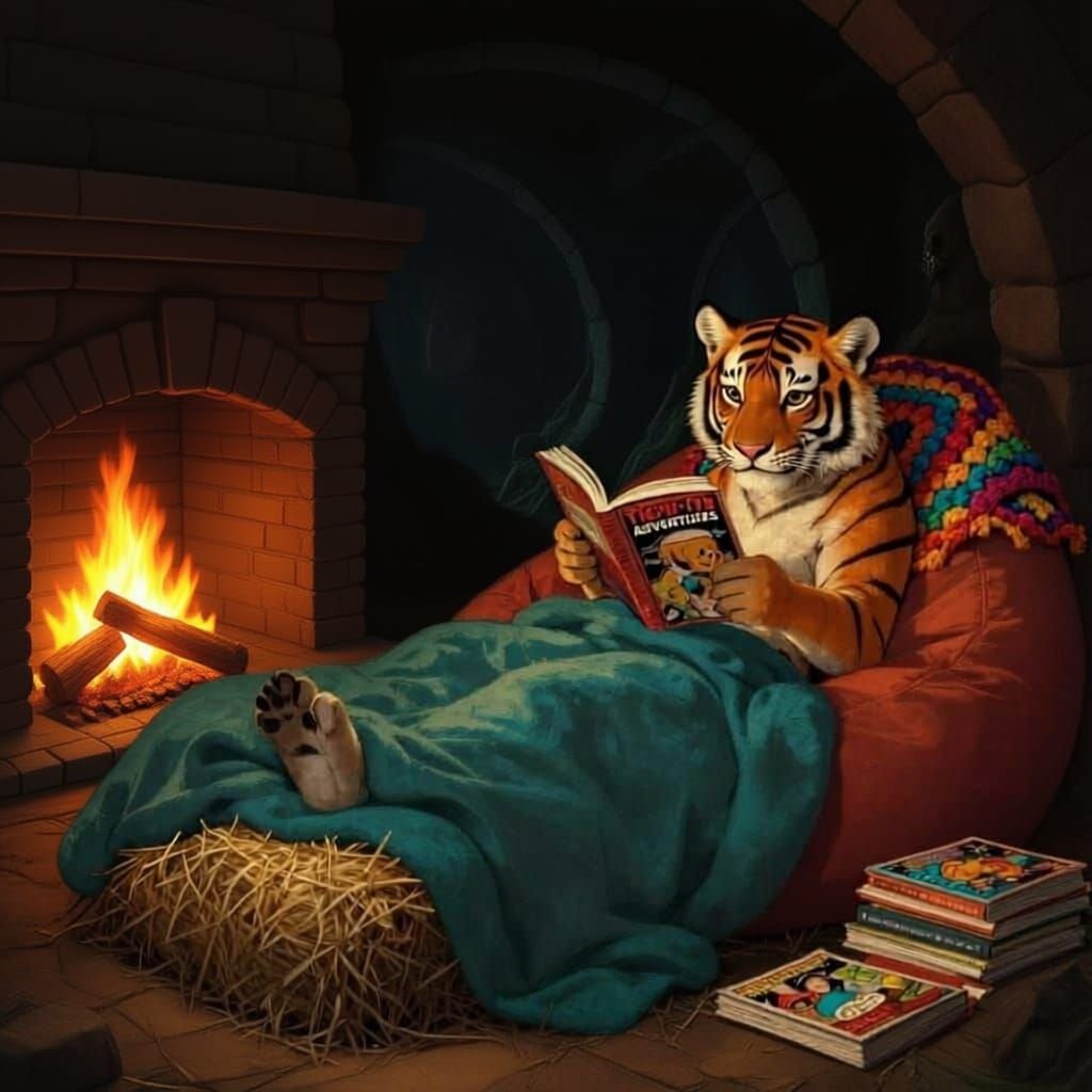Teen Tiger Reads Comics in Cozy Firelit Room