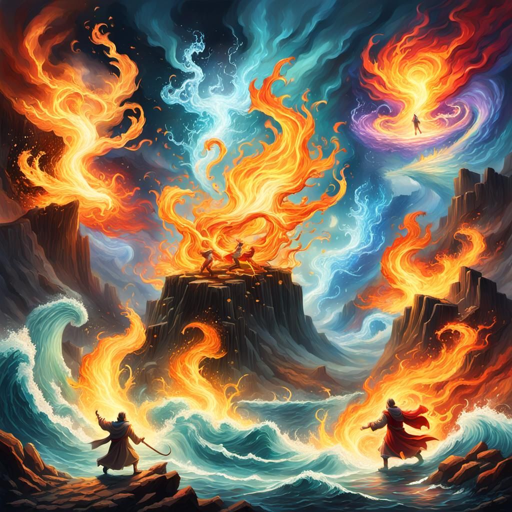Elemental Wizards Clash in Epic Fantasy Landscape