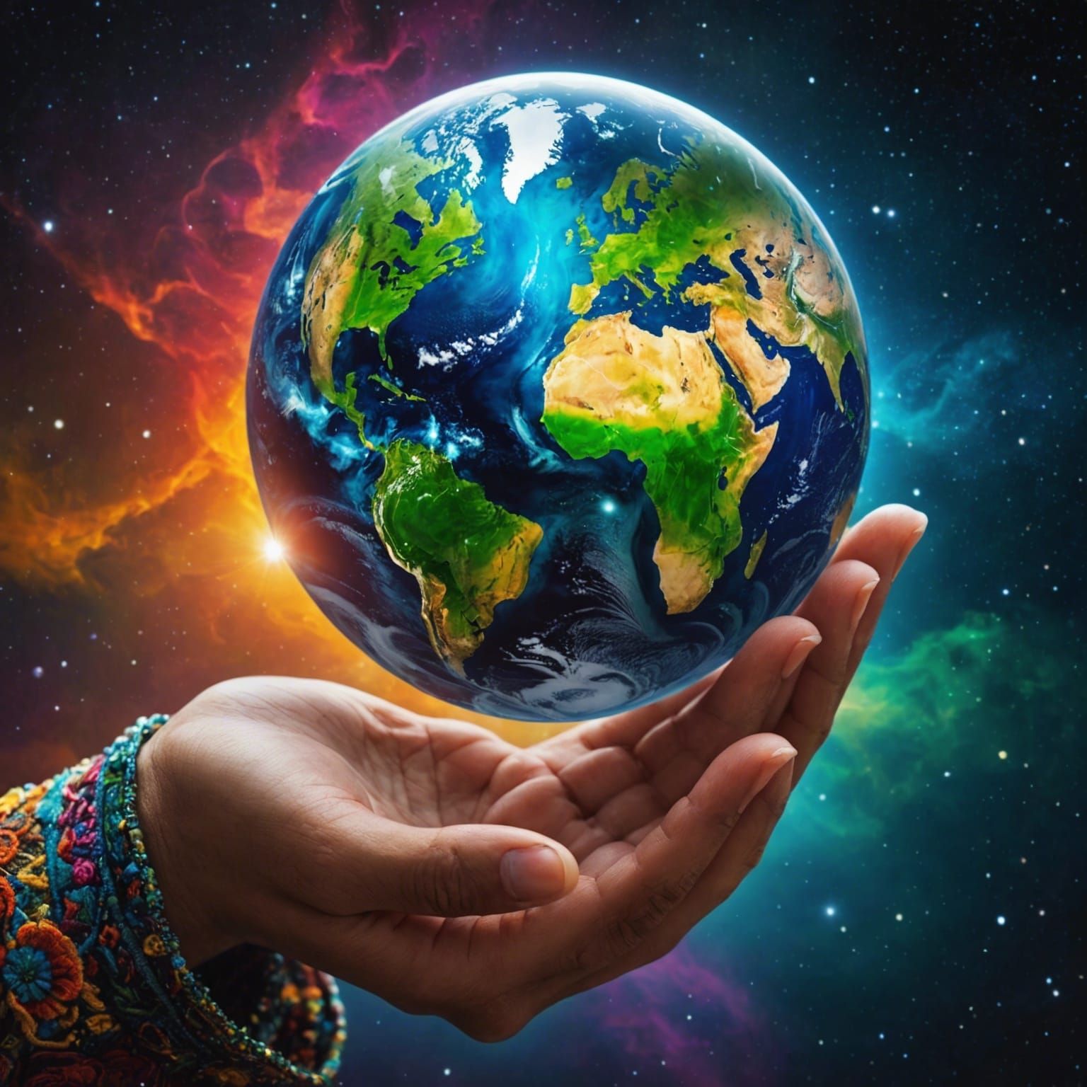 Mother Nature Holding Earth: Mixed Media Double Exposure