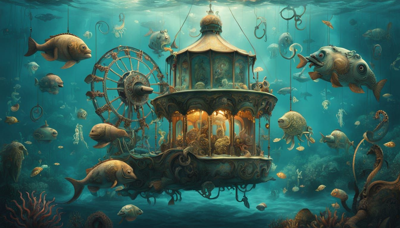 Surreal Whimsical Carnival Underwater with Mechanical Sea Cr...