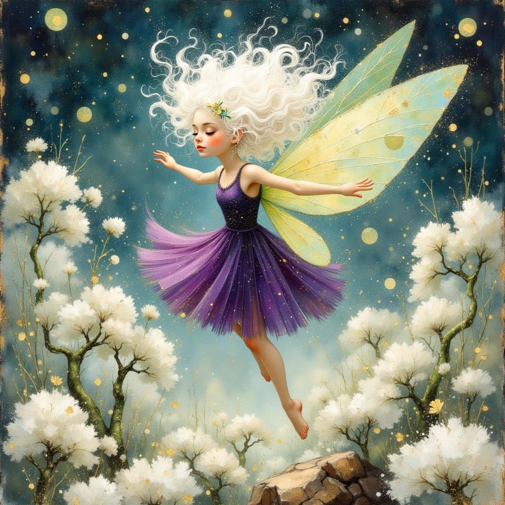 Fairy Leaping Over Bonsai Trees in Digital Painting