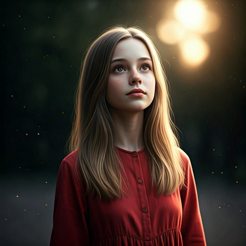 Contemplative Blonde Teenager in Flowing Red Dress