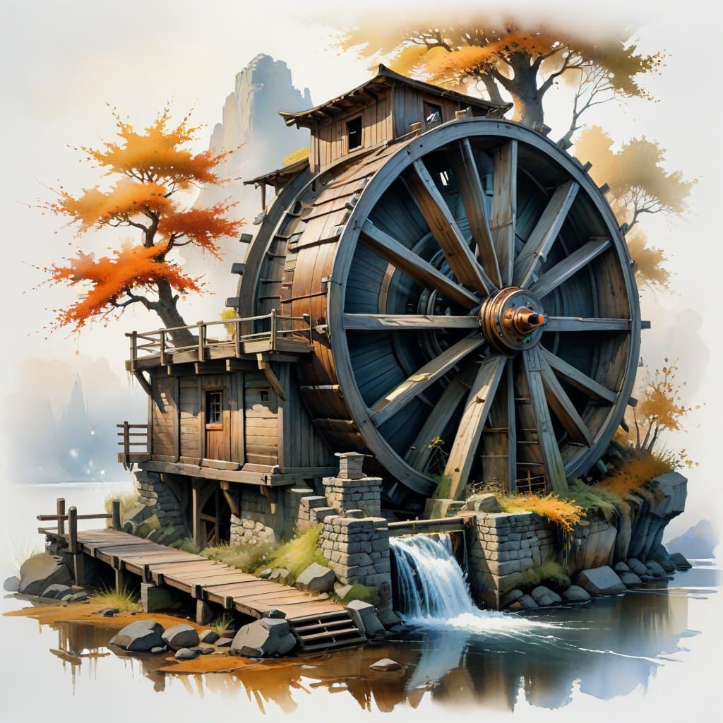 Water Wheel, watercolor, white background. highly detailed, with sharp focus and smooth transitions. ...