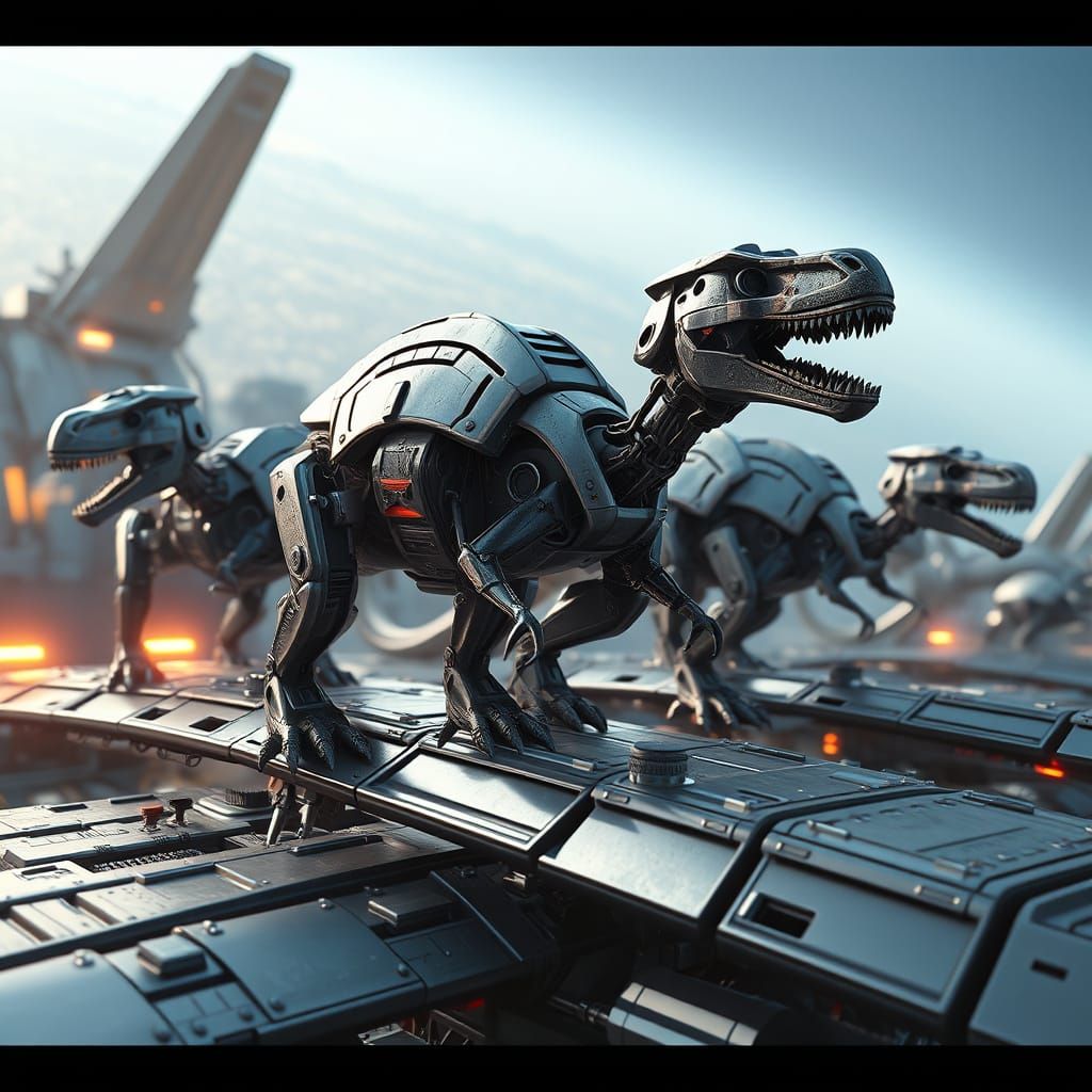 Epic Robot Dinosaurs in Futuristic Spaceship Landscape