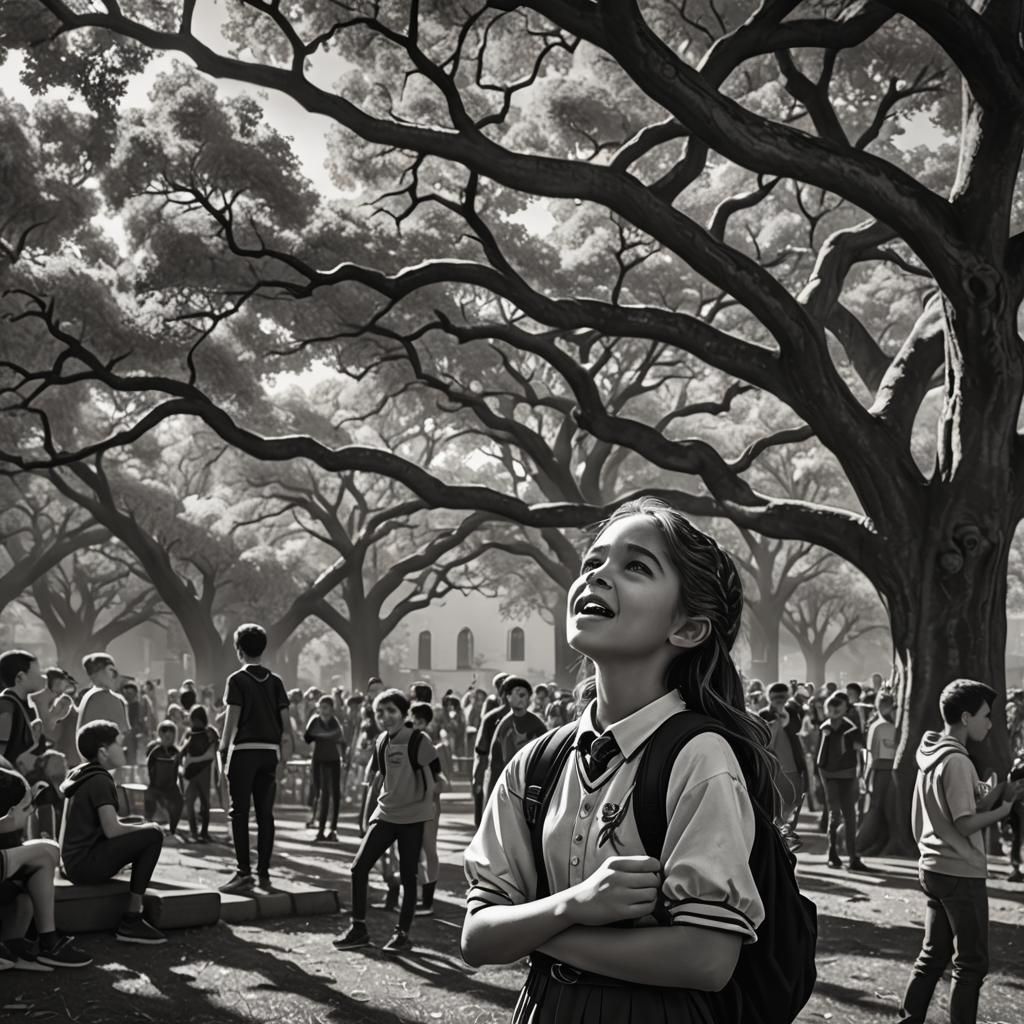 Girl Singing Under Oak Tree: Black and White Photo