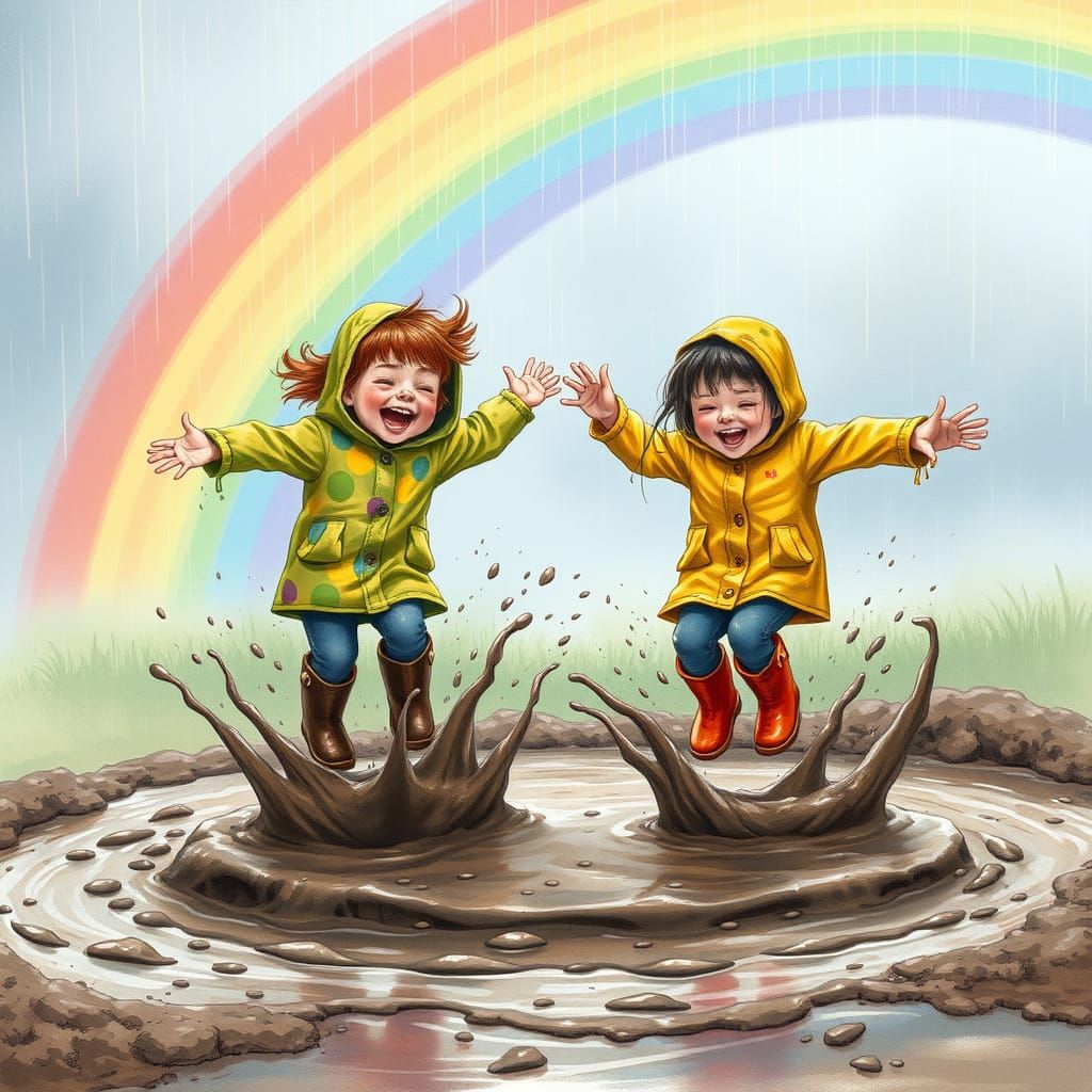 Kids Splashing in Mud Puddle on Rainy Day