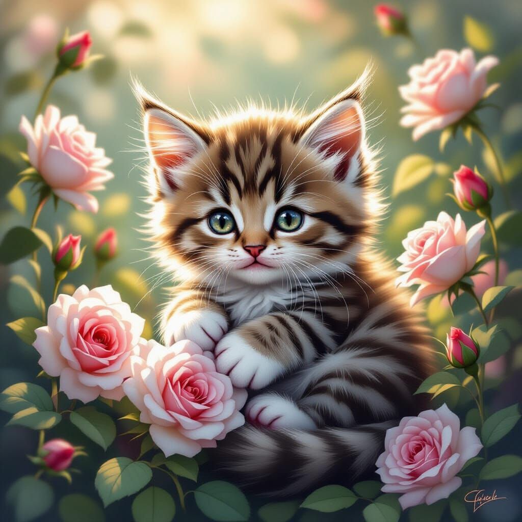 Striped Cheshire Kitten with Rose Bouquets in Pastel Style