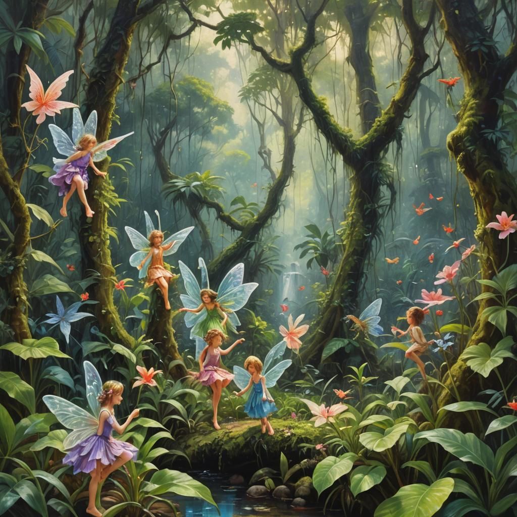 Spring Fairies in Jungle, Oil Painting Style